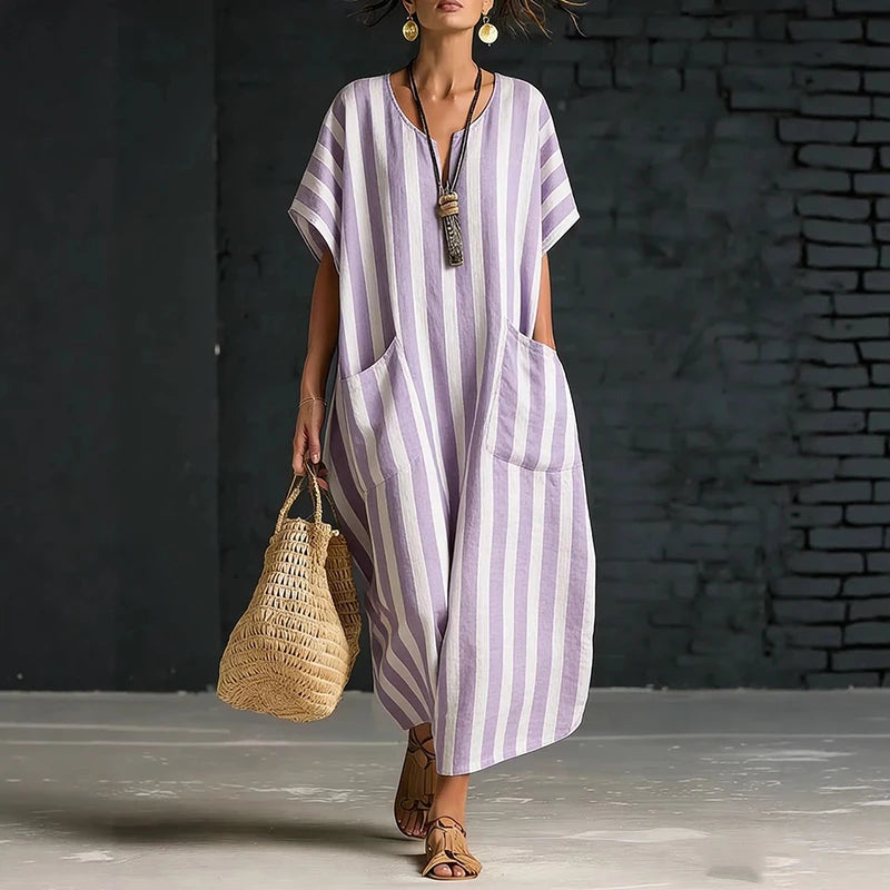 Rosemyn Striped V Neck Boho Maxi Dress
