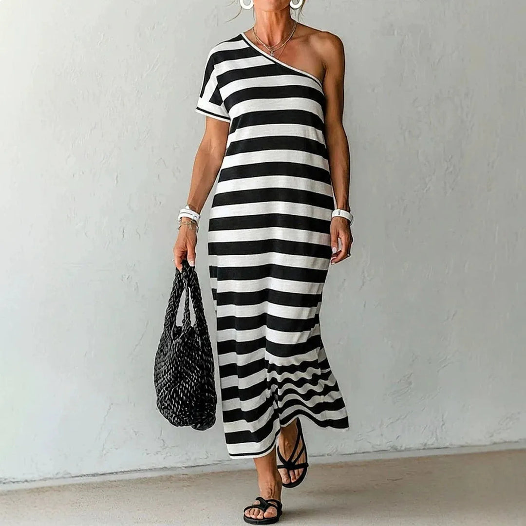 Abril One Shoulder Striped Maxi Dress
