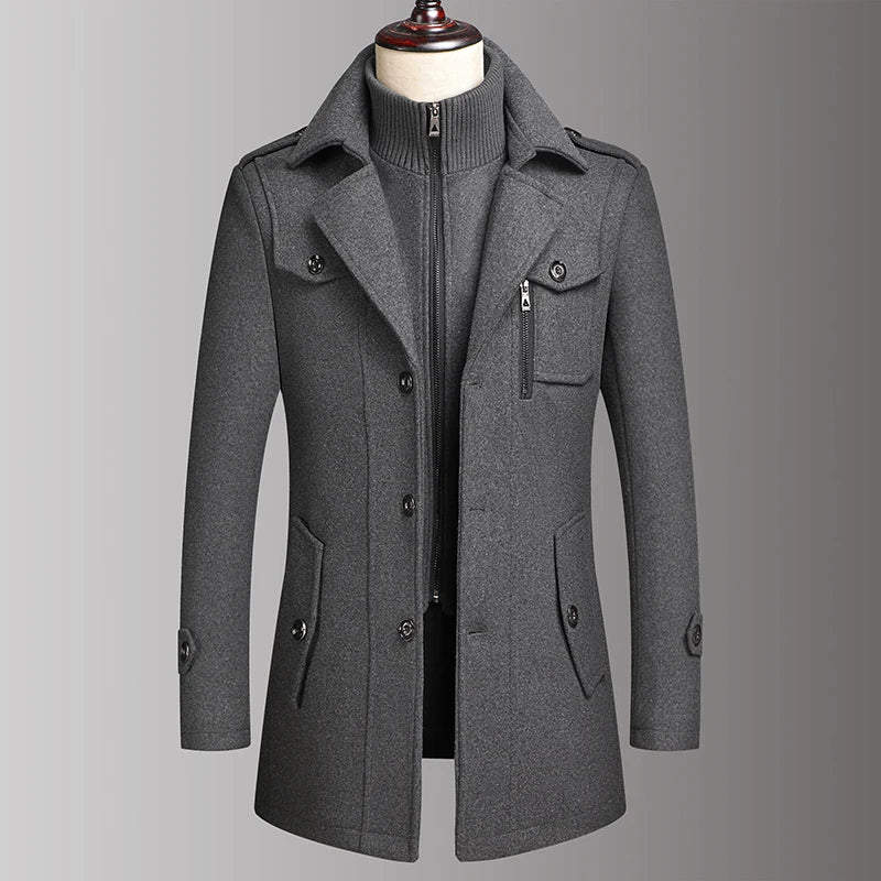 Gray wool coat with double collar on mannequin, front view