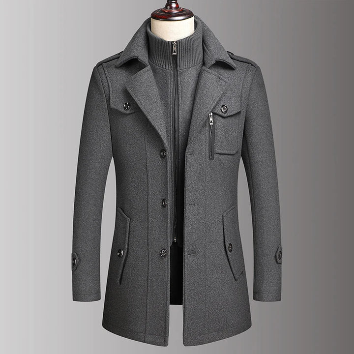 Gray wool coat with double collar on mannequin, front view