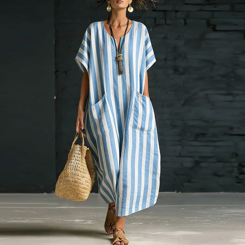 Rosemyn Striped V Neck Boho Maxi Dress