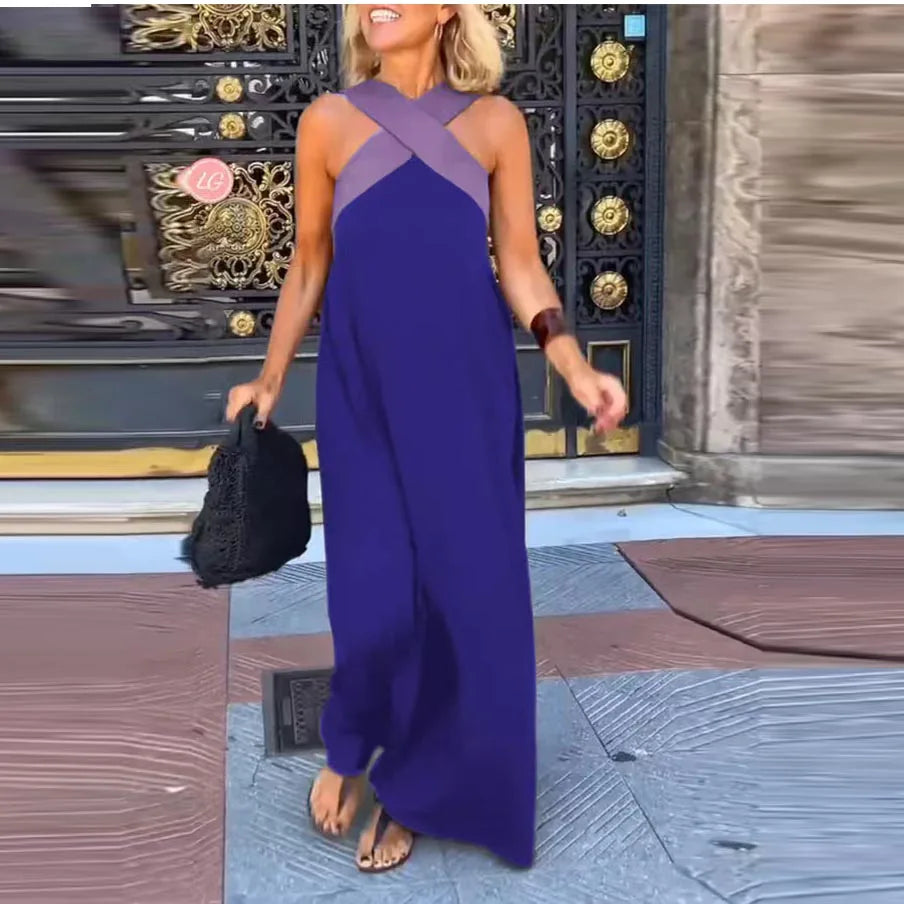 Valentina Contrast Halter Backless Maxi Dress