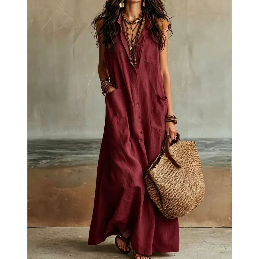 Reese Bohemian V Neck Casual Linen Maxi Dress