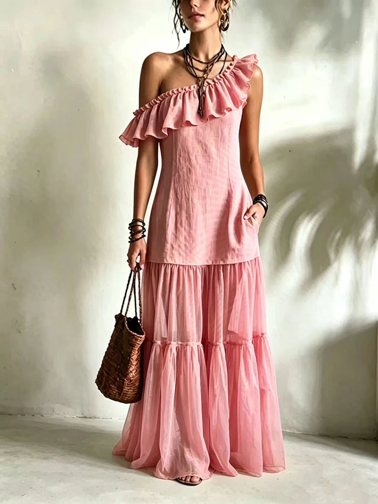 Brielle One Shoulder Asymmetrical Ruffle Maxi Dress