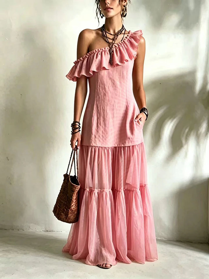 Brielle One Shoulder Asymmetrical Ruffle Maxi Dress