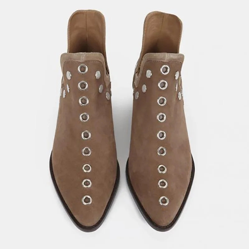 Top view of khaki suede ankle boots with grommet trim