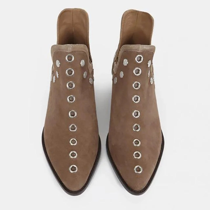 Top view of khaki suede ankle boots with grommet trim