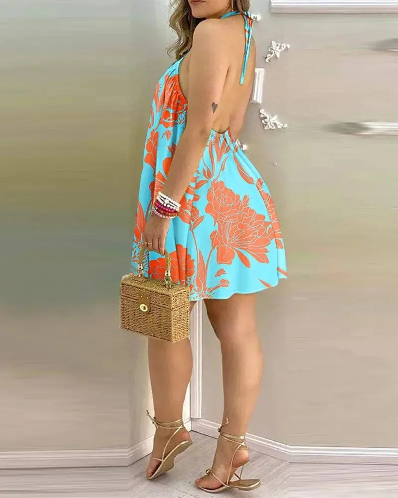 Noelle Elegant Tropical Halter Mini Dress