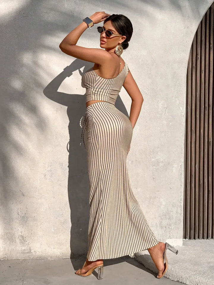 Morrene One Shoulder Striped Skirt Set