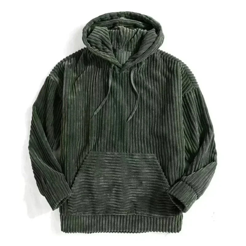 Green corduroy hoodie front flat lay