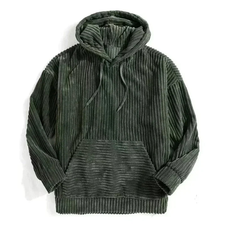 Green corduroy hoodie front flat lay