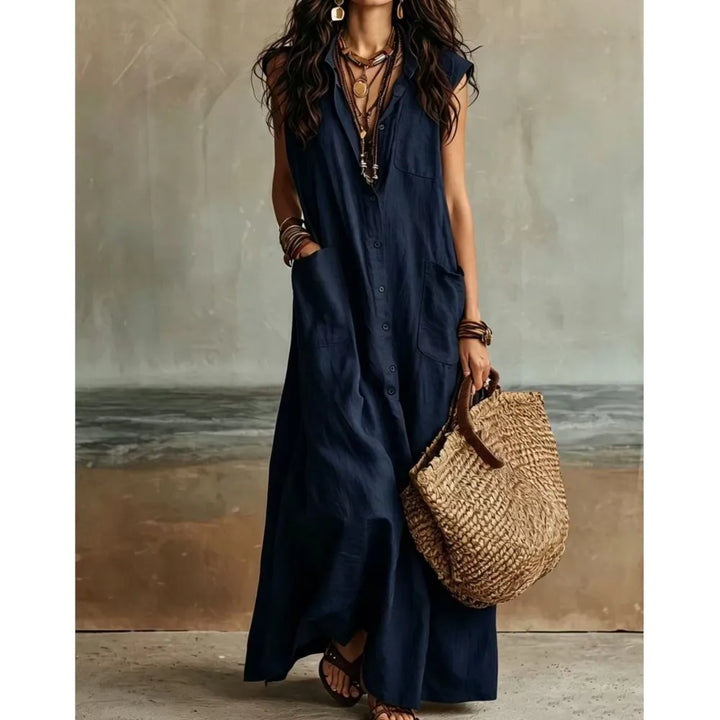 Reese Bohemian V Neck Casual Linen Maxi Dress