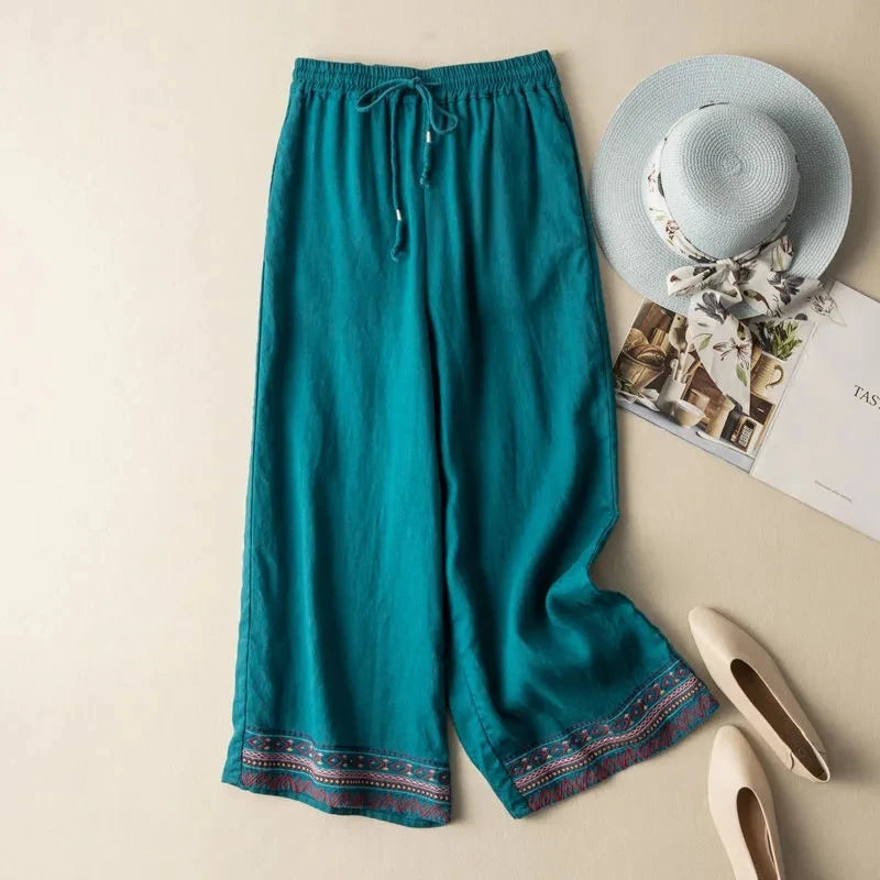 Zara Embroidered Wide Leg Linen Pants