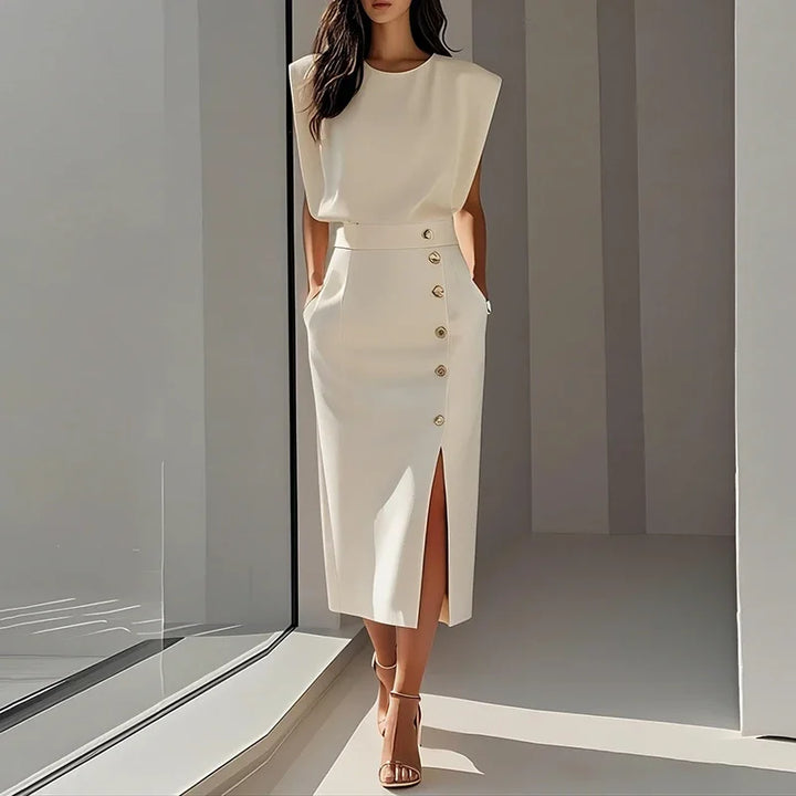 Paige Elegant Button Split Midi Dress