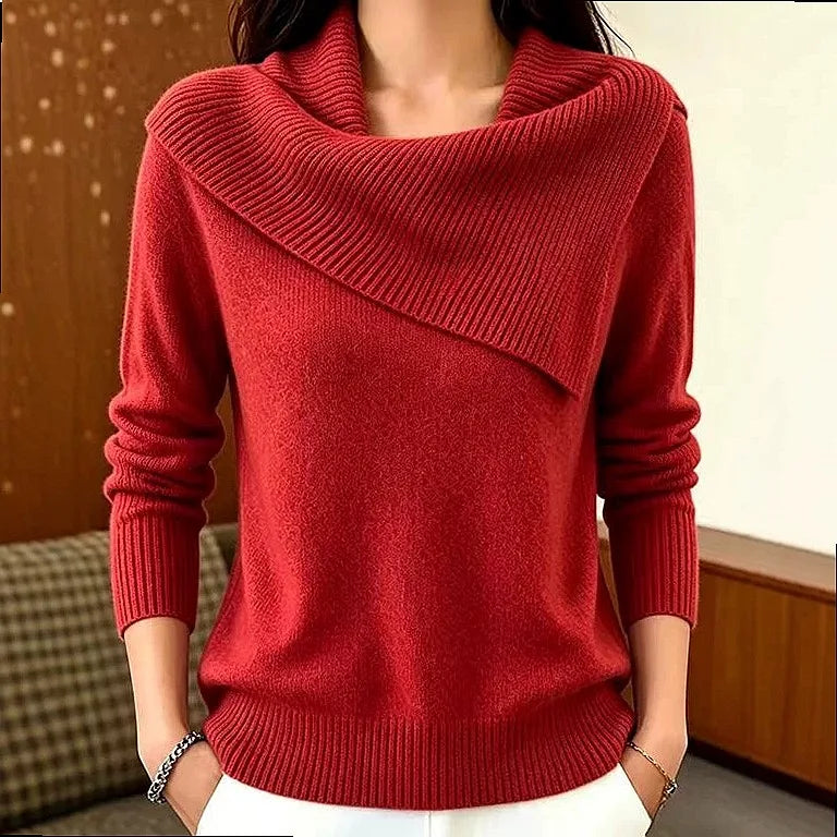 Brick red sweater with asymmetric foldover ribbed collar, front view