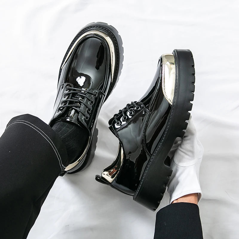 Black patent Oxford shoes overhead view with metallic toe
