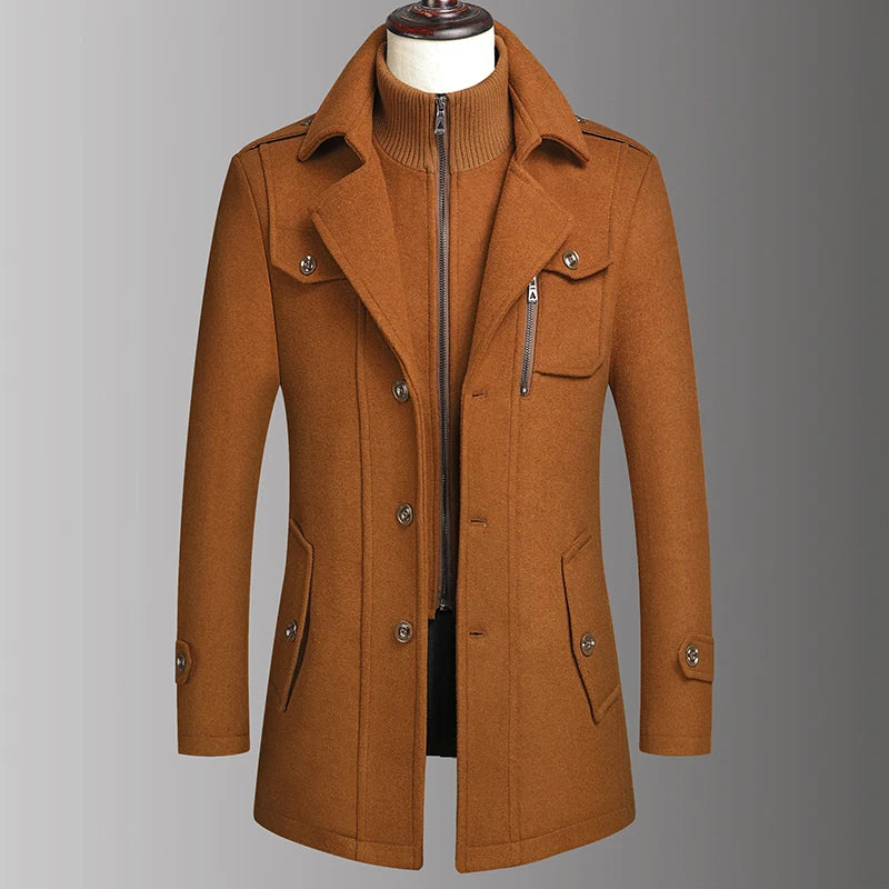 Khaki wool coat with double collar on mannequin, front view