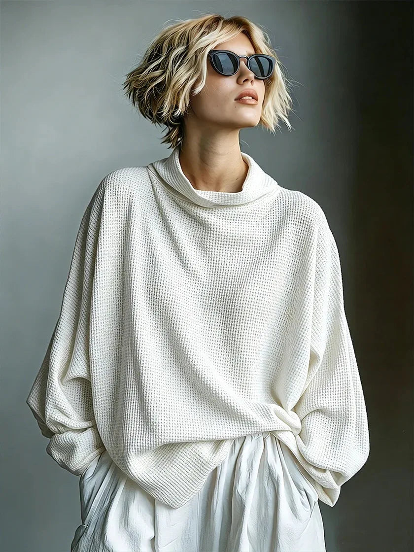 Woman in sunglasses wearing white waffle knit top with funnel collar