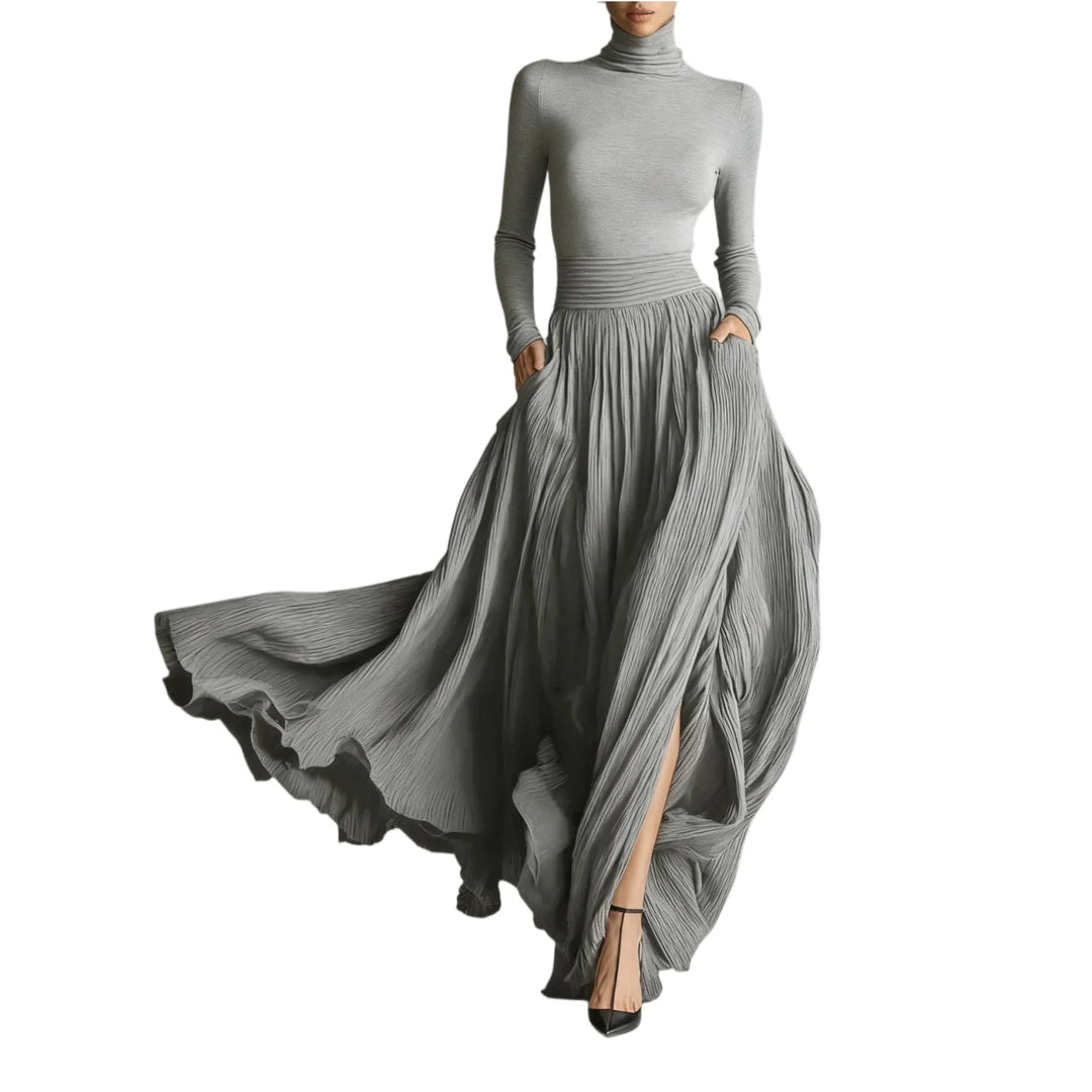 Gray turtleneck pleated maxi dress with side slit, front view