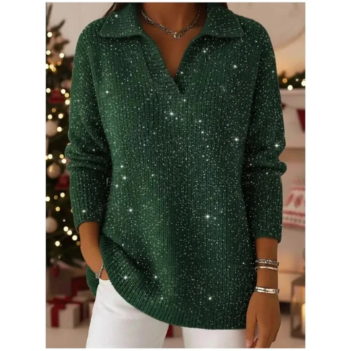Woman wearing green ribbed knit pullover sweater with notched collar