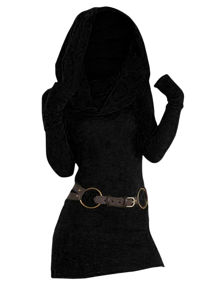 Black hooded sweater dress with belt, hood up