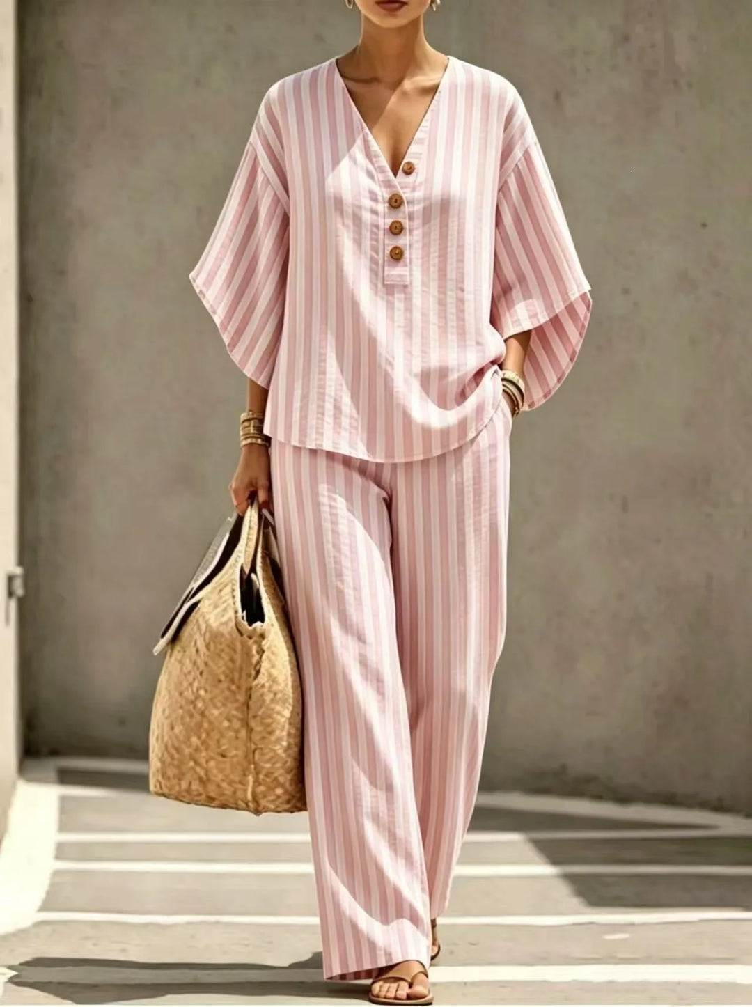 Madison Striped Short Sleeve Button Front Pants Set