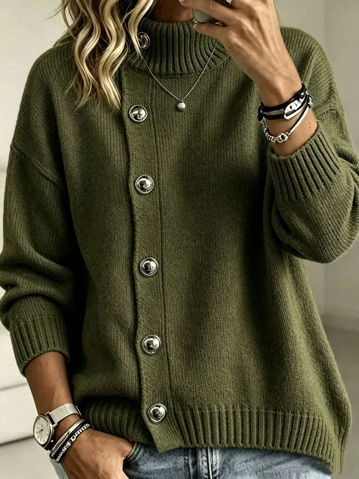 Woman wearing army green button front mock turtleneck sweater