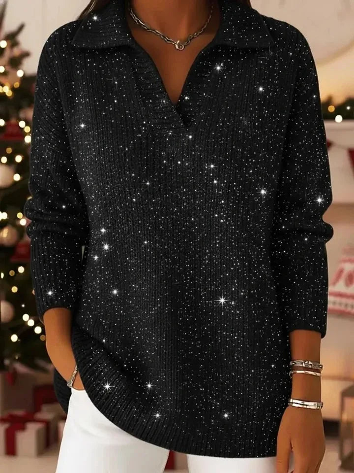 Woman wearing black ribbed knit pullover sweater with notched collar