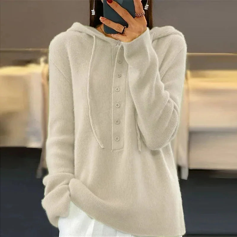 Cream hooded button front sweater, front view