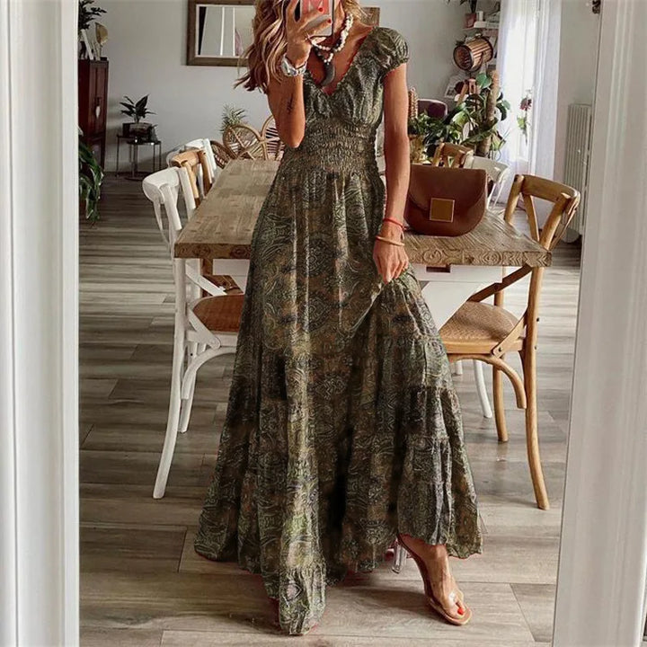 Lyra Bohemian Printed Petal Sleeve Maxi Dress
