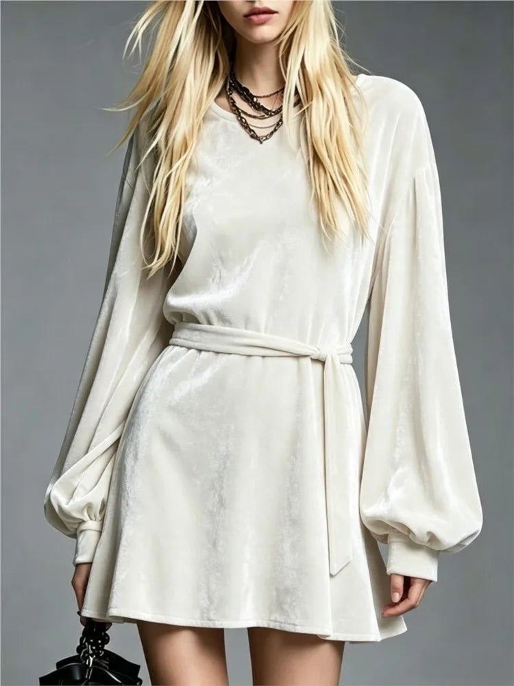Ivory velvet mini dress with lantern sleeves and tie belt, front view