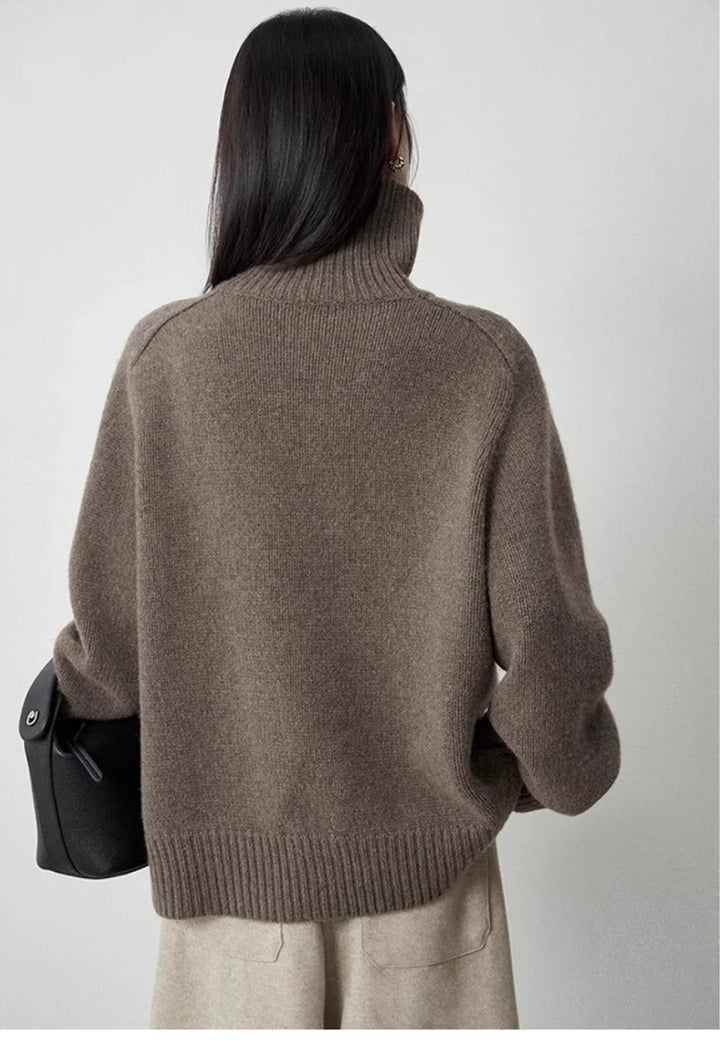 Back view of brown turtleneck sweater