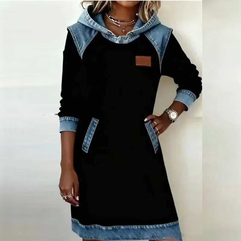Black denim-trim hooded sweatshirt dress front view