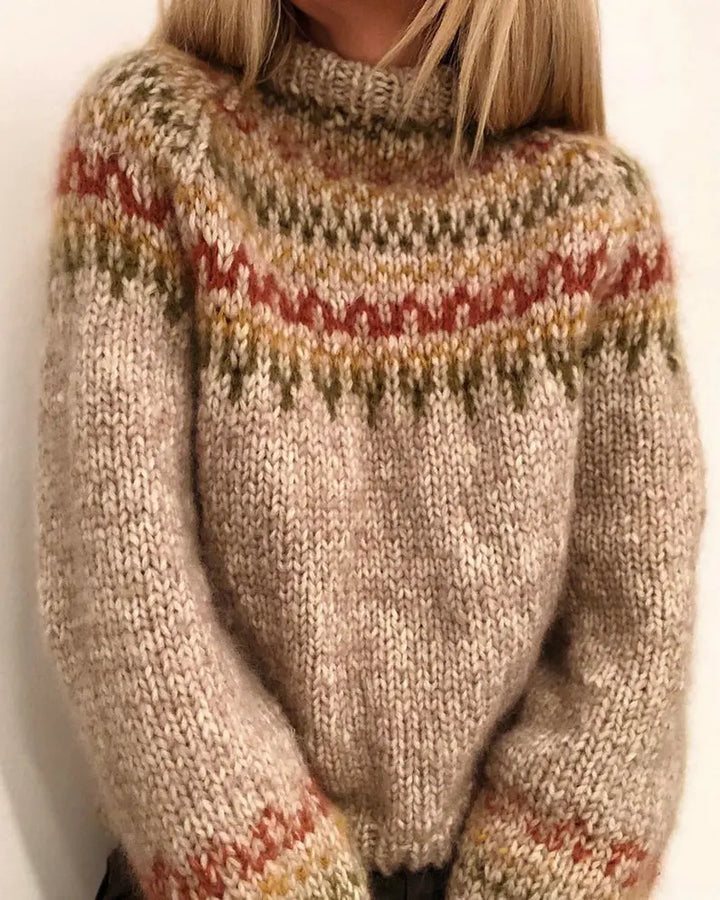 Detail of khaki turtleneck sweater knit pattern and ribbed collar