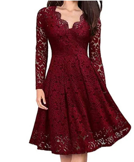 Wynne Lace Long Sleeve V Neck Midi Dress