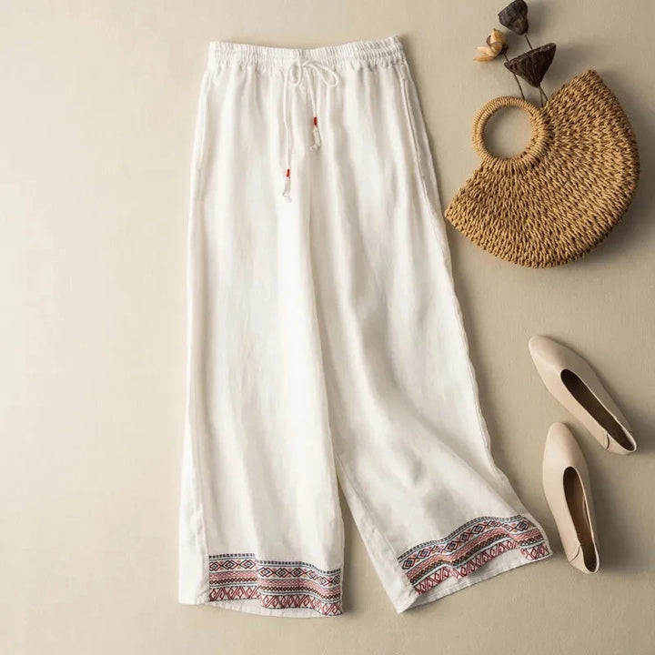 Zara Embroidered Wide Leg Linen Pants