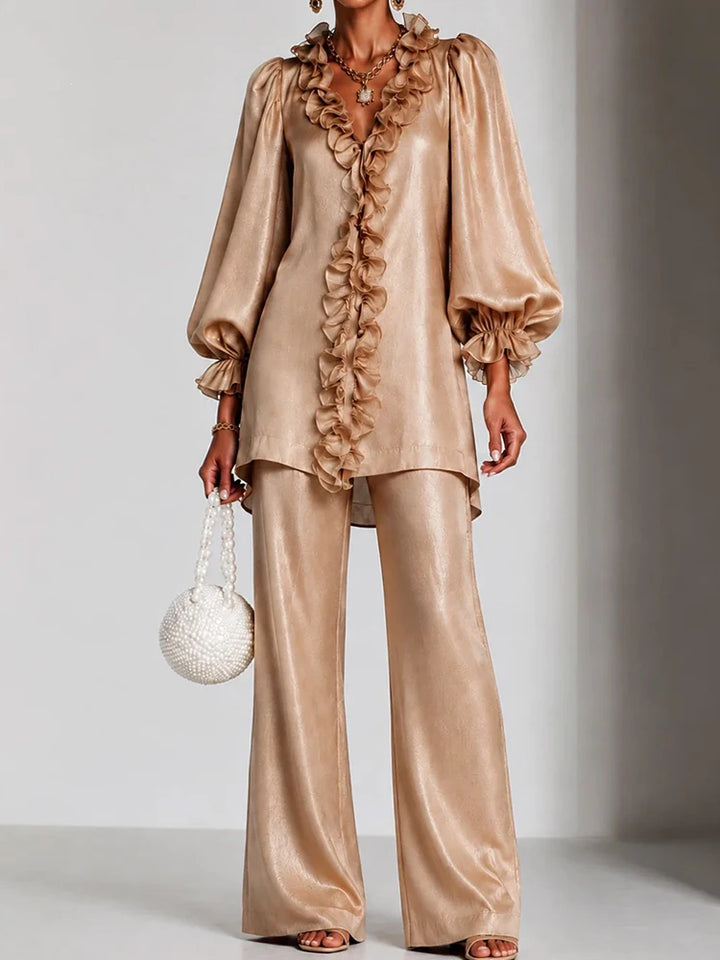 Khaki ruffled V-neck top and wide leg pants set