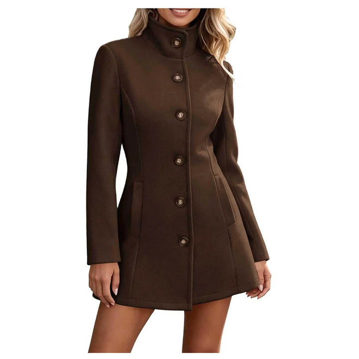 Coffee brown stand collar wool coat with button front
