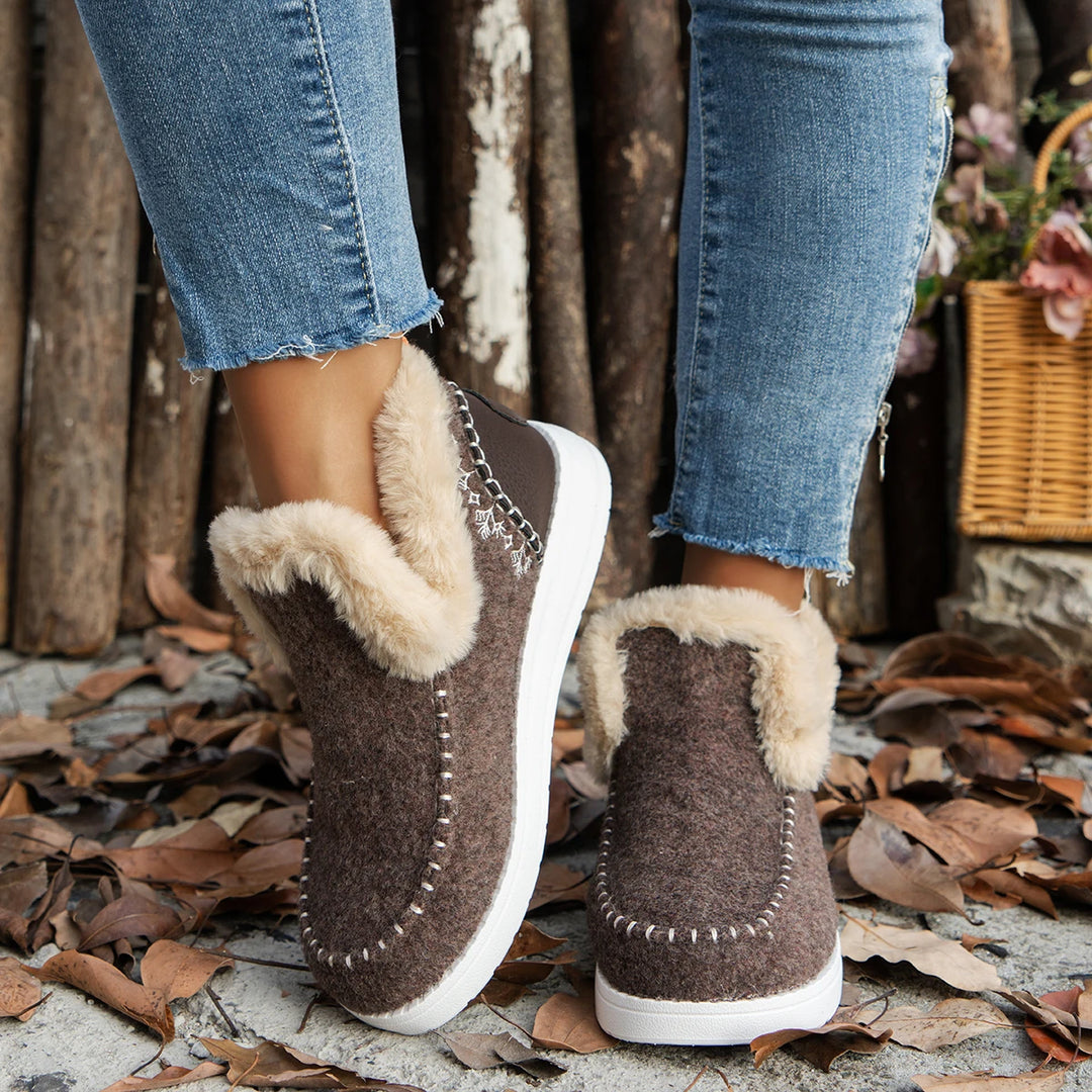 Brown felt ankle boots with faux fur collar, back view