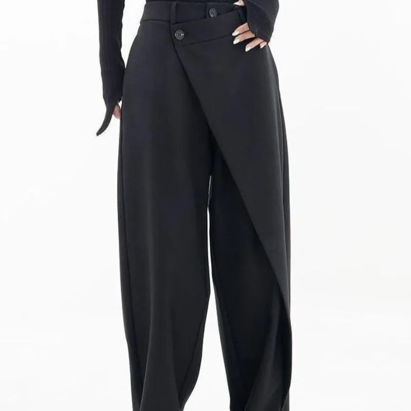 Close up of black trousers waistband and button tab detail