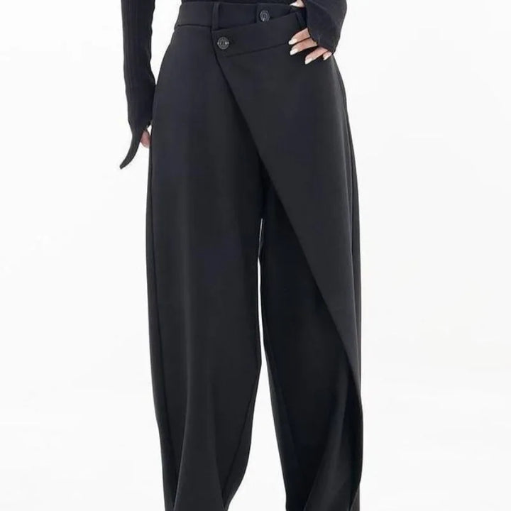 Close up of black trousers waistband and button tab detail