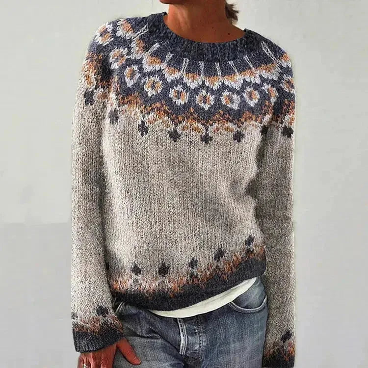 Gray and brown patterned yoke sweater