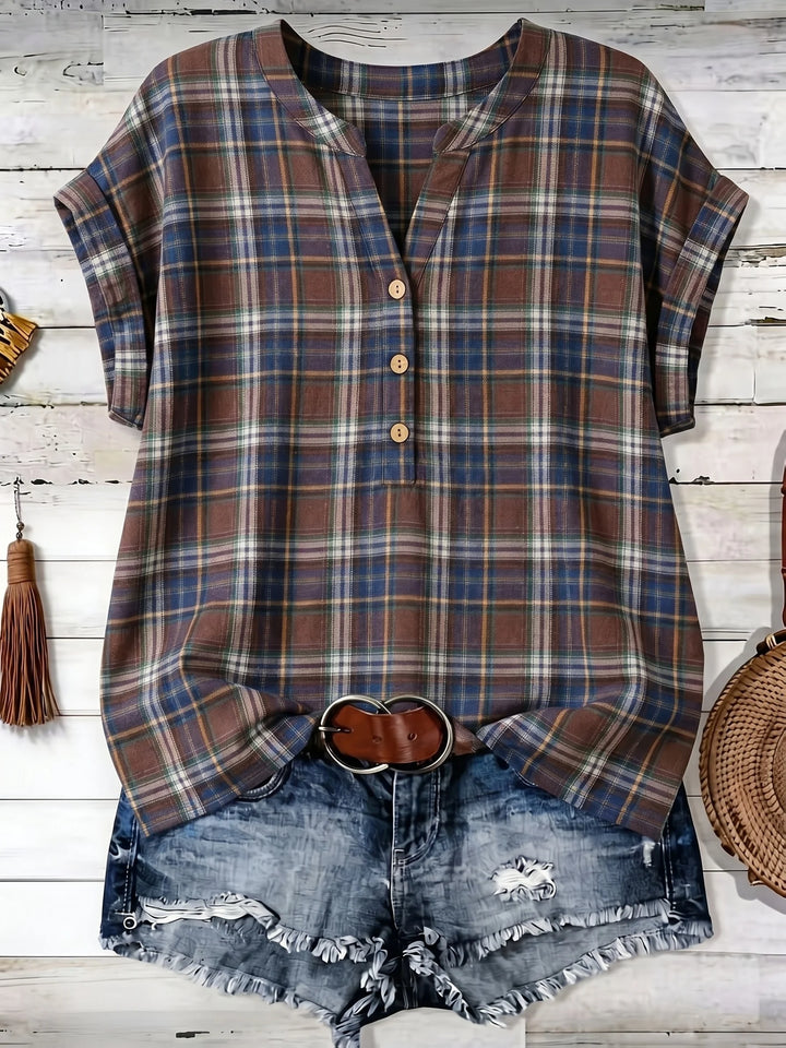 Daphne Plaid V Neck Loose Fit Blouse