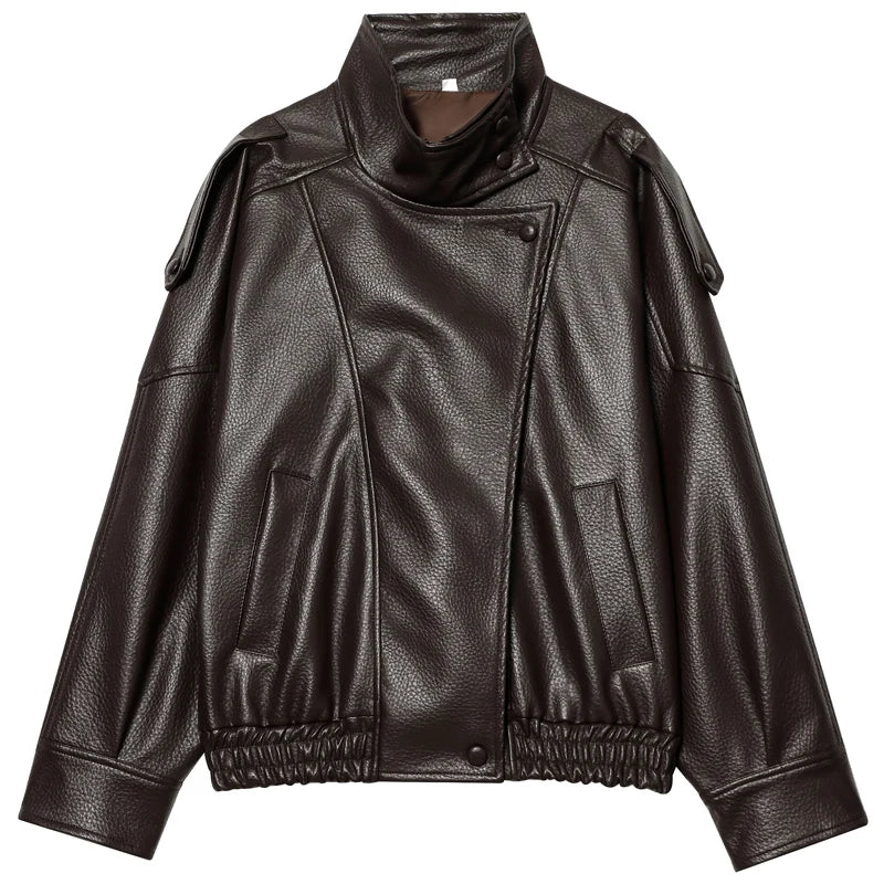 Brown leather bomber jacket with stand collar and snap closure, front view