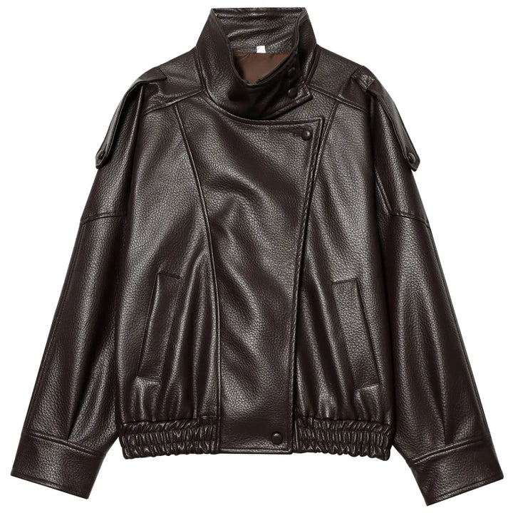 Brown leather bomber jacket with stand collar and snap closure, front view