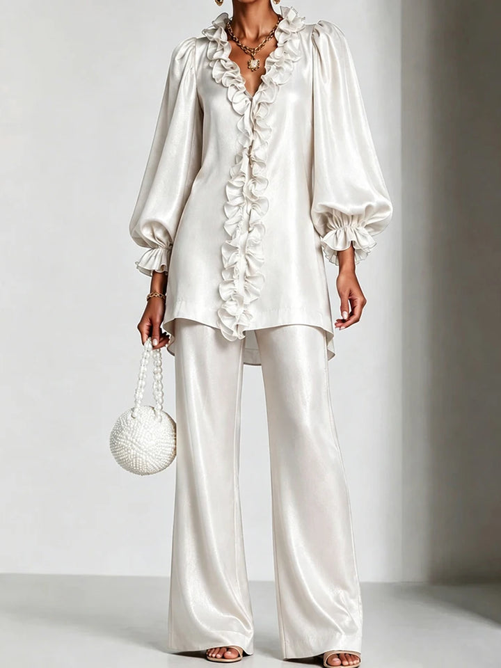 White ruffled V-neck top and wide leg pants set
