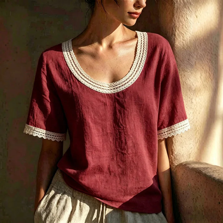 Valeria Lace Trim Linen Blouse