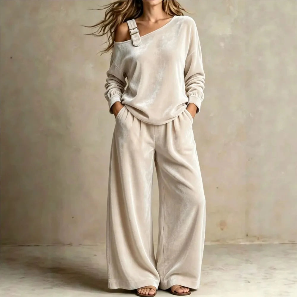 Woman wearing khaki velvet off shoulder top and wide leg pants set