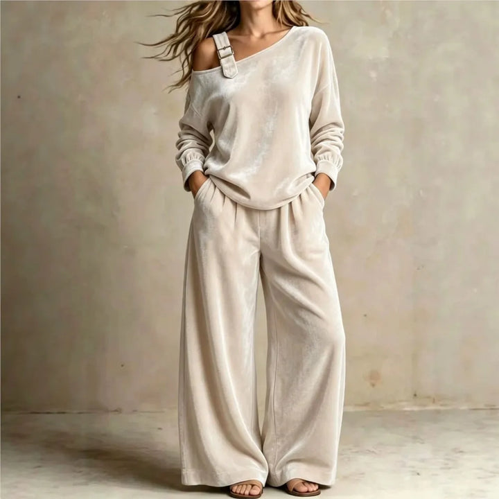 Woman wearing khaki velvet off shoulder top and wide leg pants set