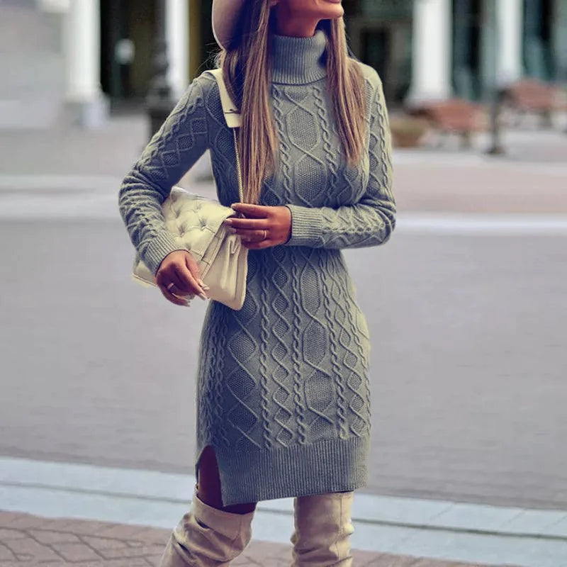 Grey cable knit turtleneck sweater dress, front view